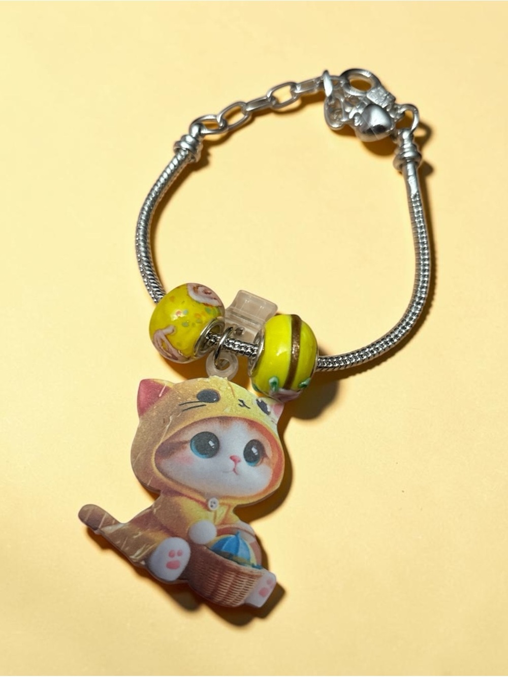 Artisan made Cute Cat Charm Bracelet with Yellow Beads